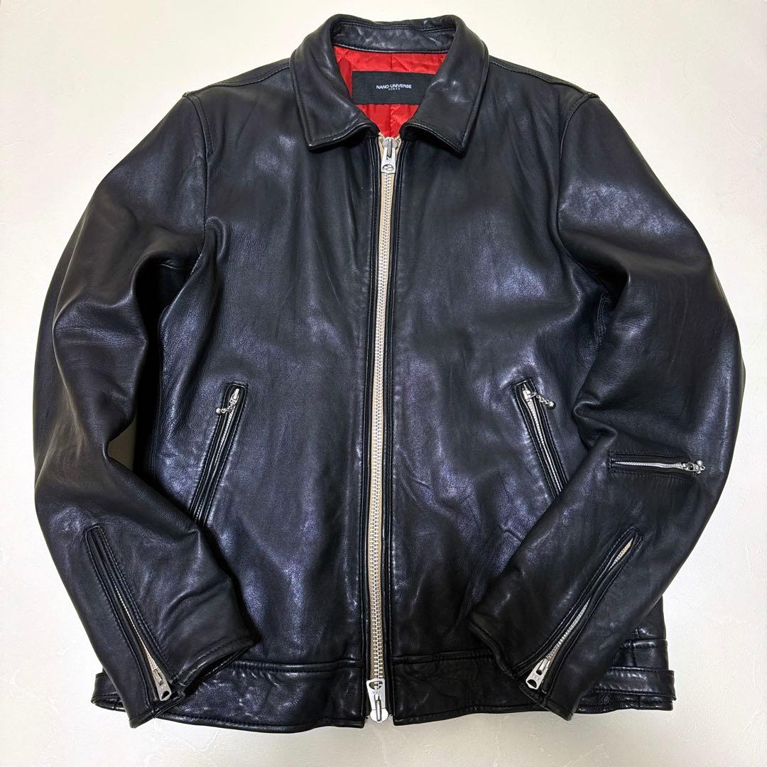 【極美品】XLサイズ ナノユニバース シープスキン シングルライダース 黒 赤