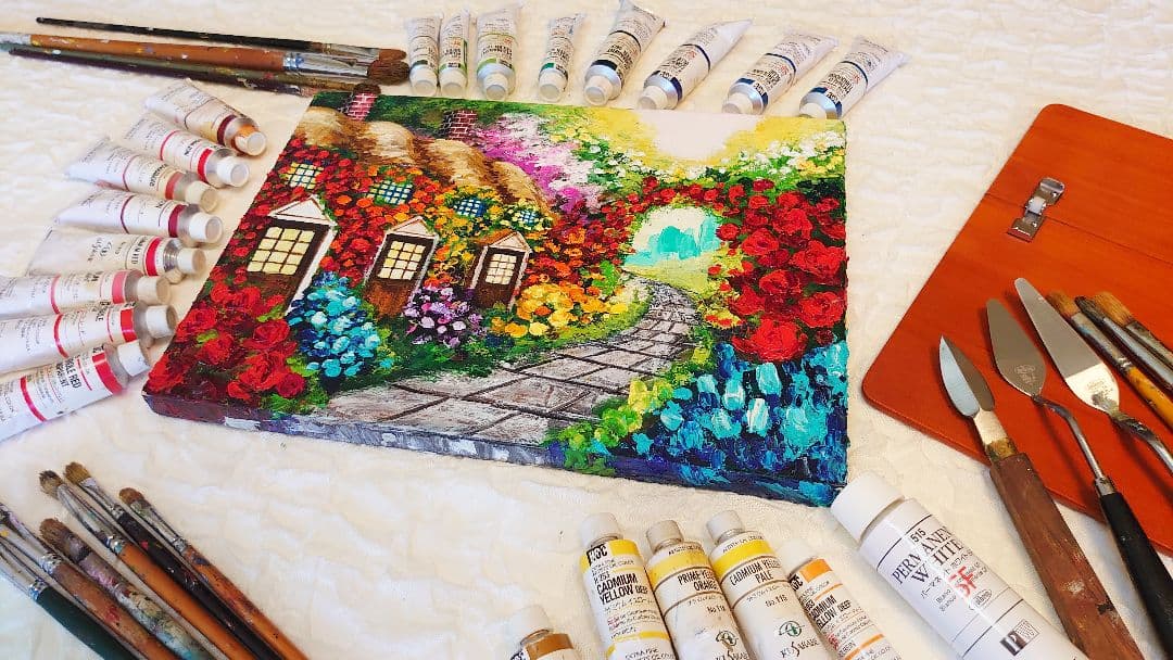 油絵 絵画【花の住宅】