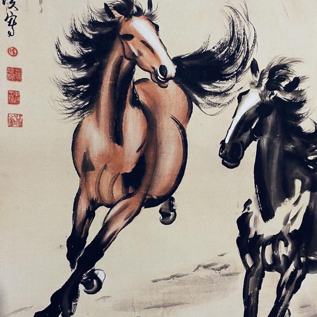 中国美術 掛け軸 馬図 双馬 水墨画風 中堂 四尺 宣紙