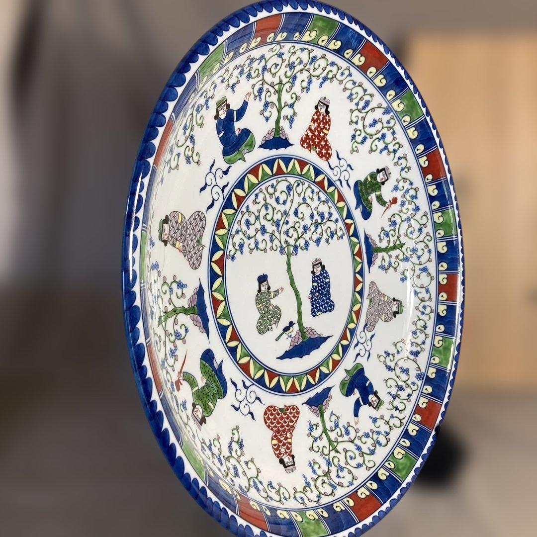 【源右衛門】古伊万里の伝統　名窯　舘林源右衛門作　染錦ミナイ手樹下美人図　特大皿