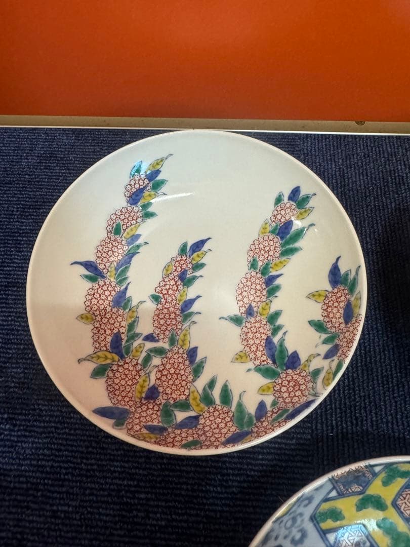 1647 其泉　色絵三方がらみ桐文皿　橘文皿　小手毬文皿