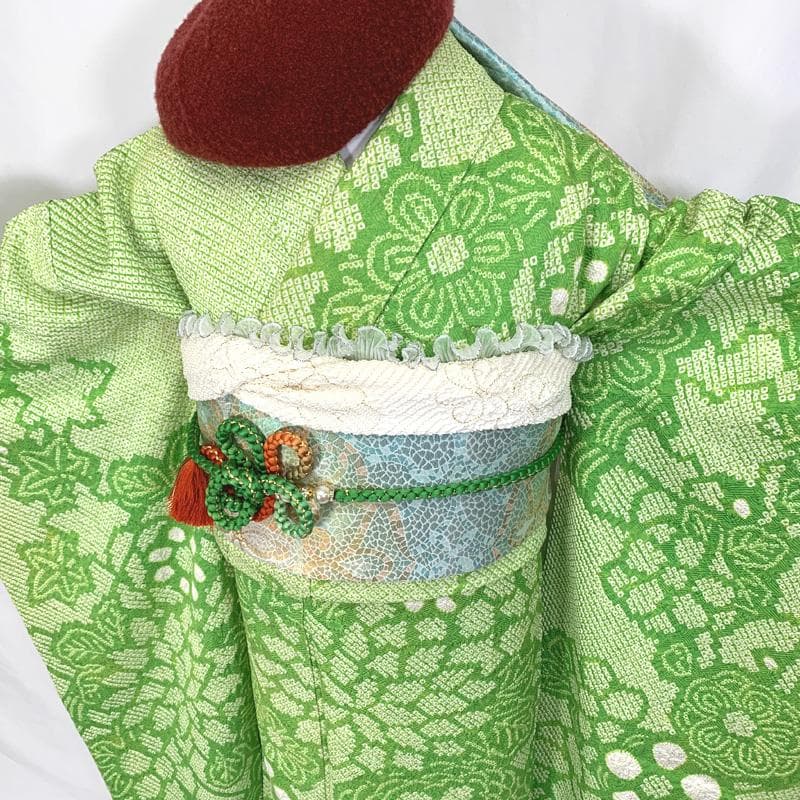 410aj37〇総絞り ジュニア振袖＆袋帯 十三参り 黄緑〇美品