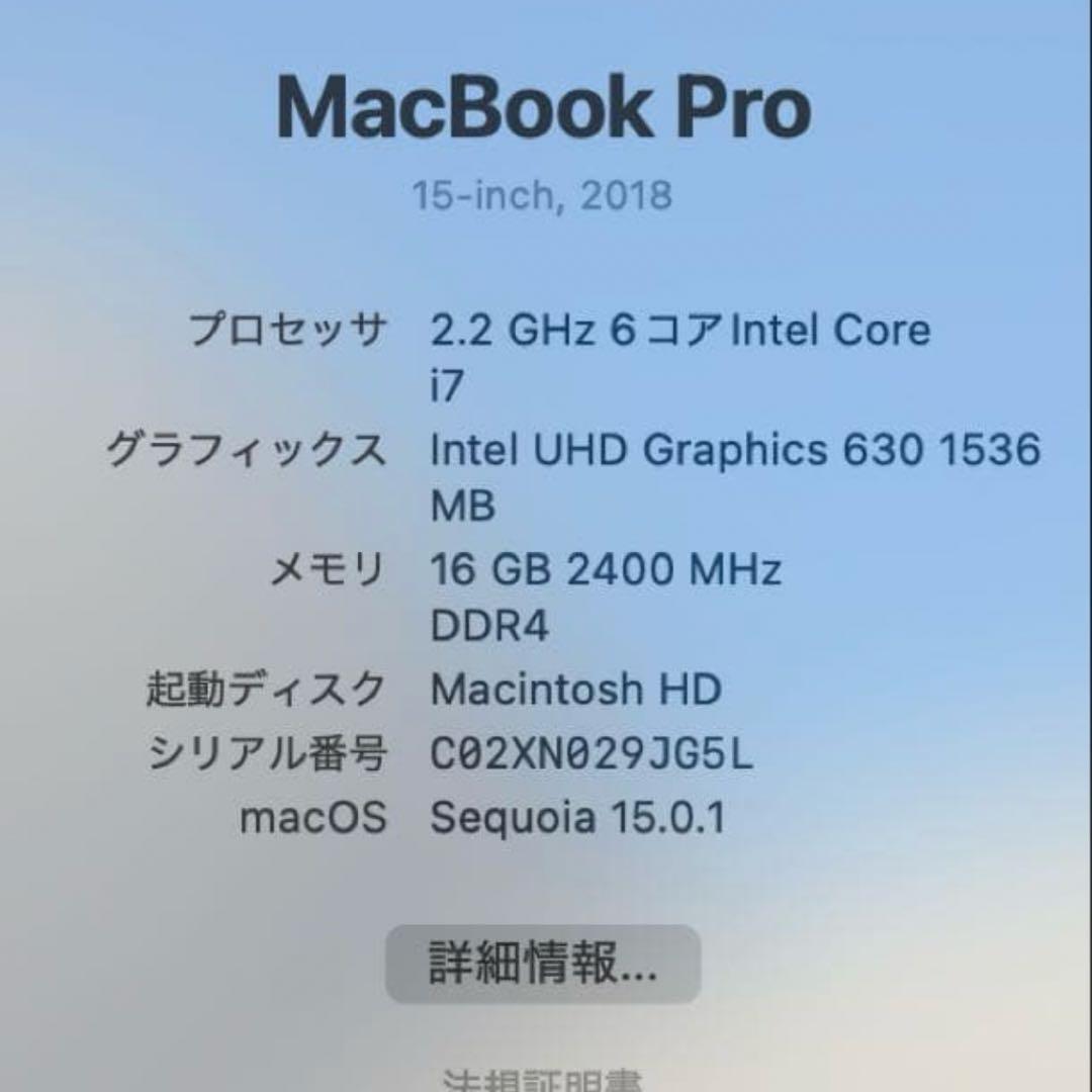 MacBook Pro 15インチ 2018 256GB 箱・充電器付き