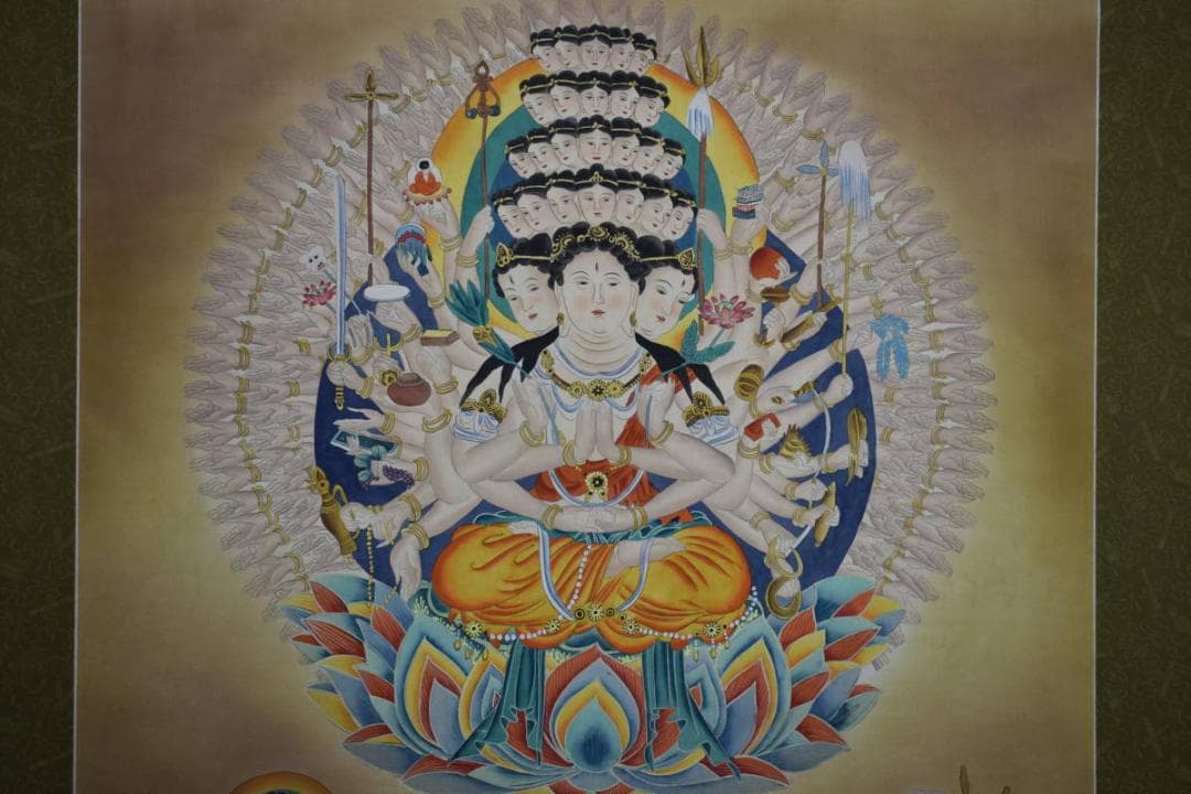 真作/秋庭/千手観音菩薩図/布袋屋掛軸HE-566