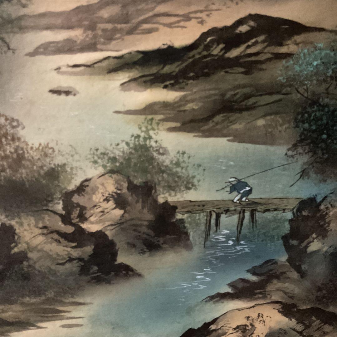 天龍筆 絹本彩色画山水図 桐共箱 タトウ箱付 肉筆画