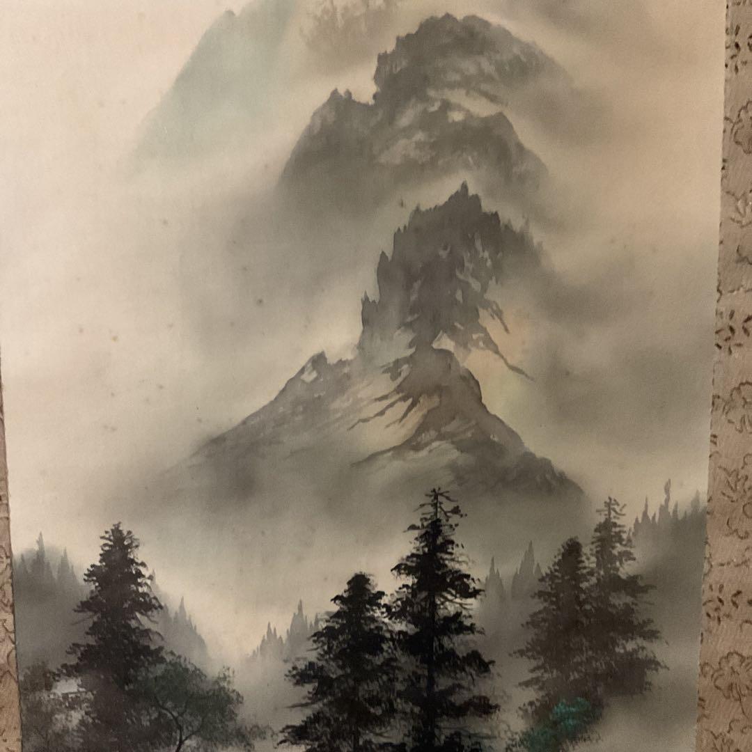 天龍筆 絹本彩色画山水図 桐共箱 タトウ箱付 肉筆画