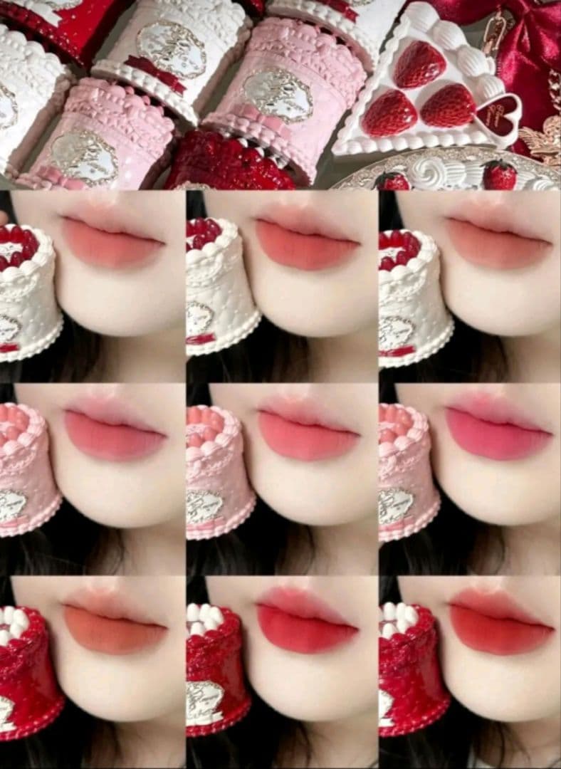 ストロベリーキューピッド リップ５点、鏡、チークとパフ、パウダーの９点