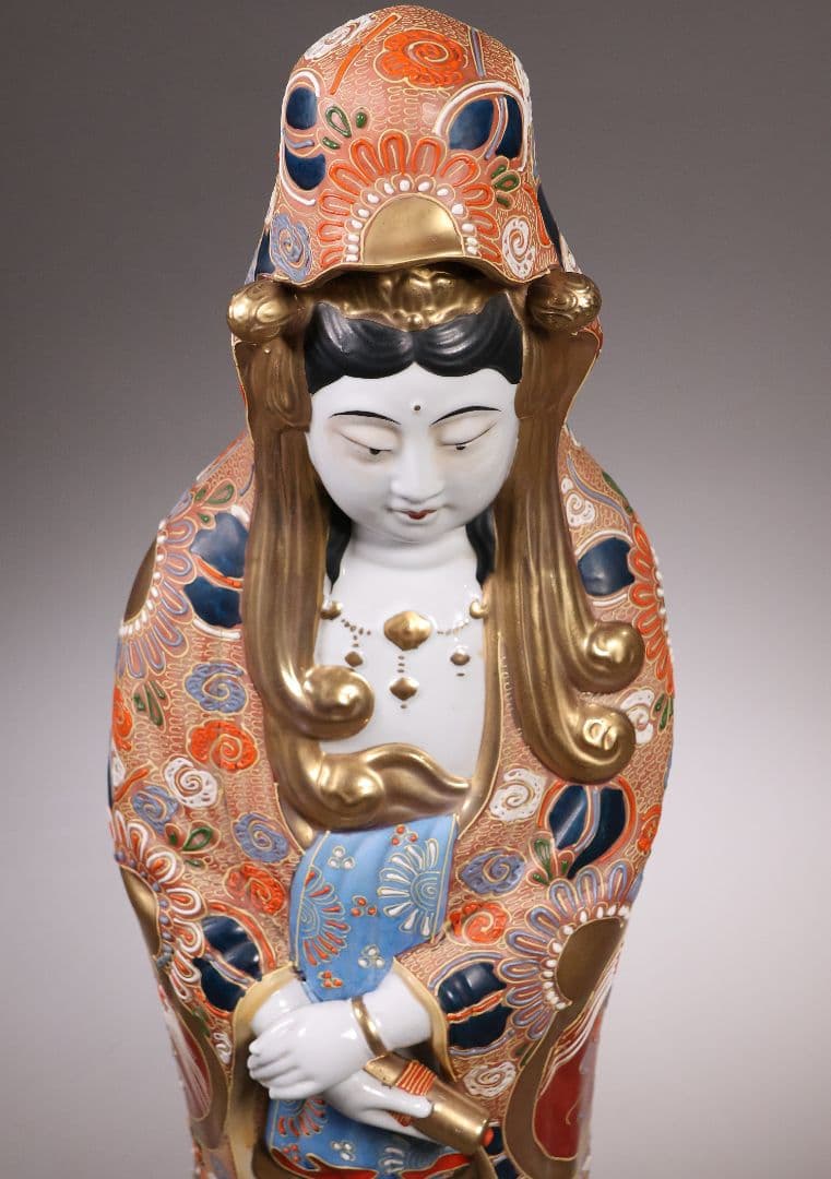 九谷焼 八幡窯 観音菩薩立像 59.4cm 金彩 色絵 置物 仏像【MA818】