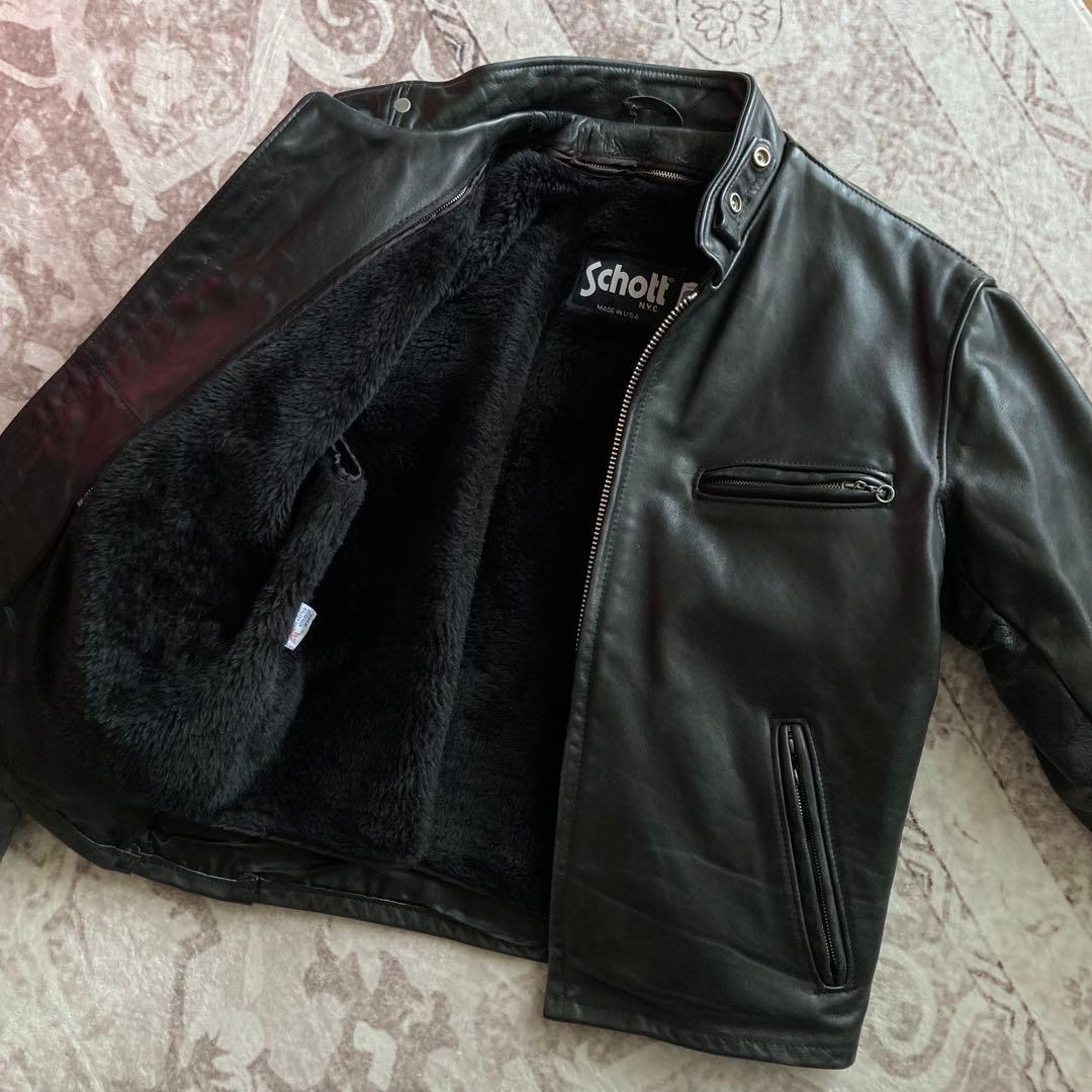 Schott ブラック レザー シングルライダースジャケット 42
