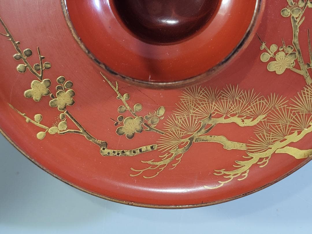 DT589 茶道具 朱塗 松竹梅蒔絵 天目台 時代物