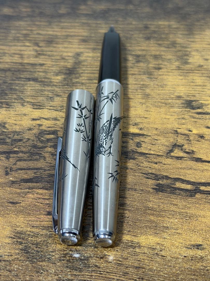 新品未使用　1980年代　蝕刻　竹と雉　白金　万年筆 18金　細字　コンバーター