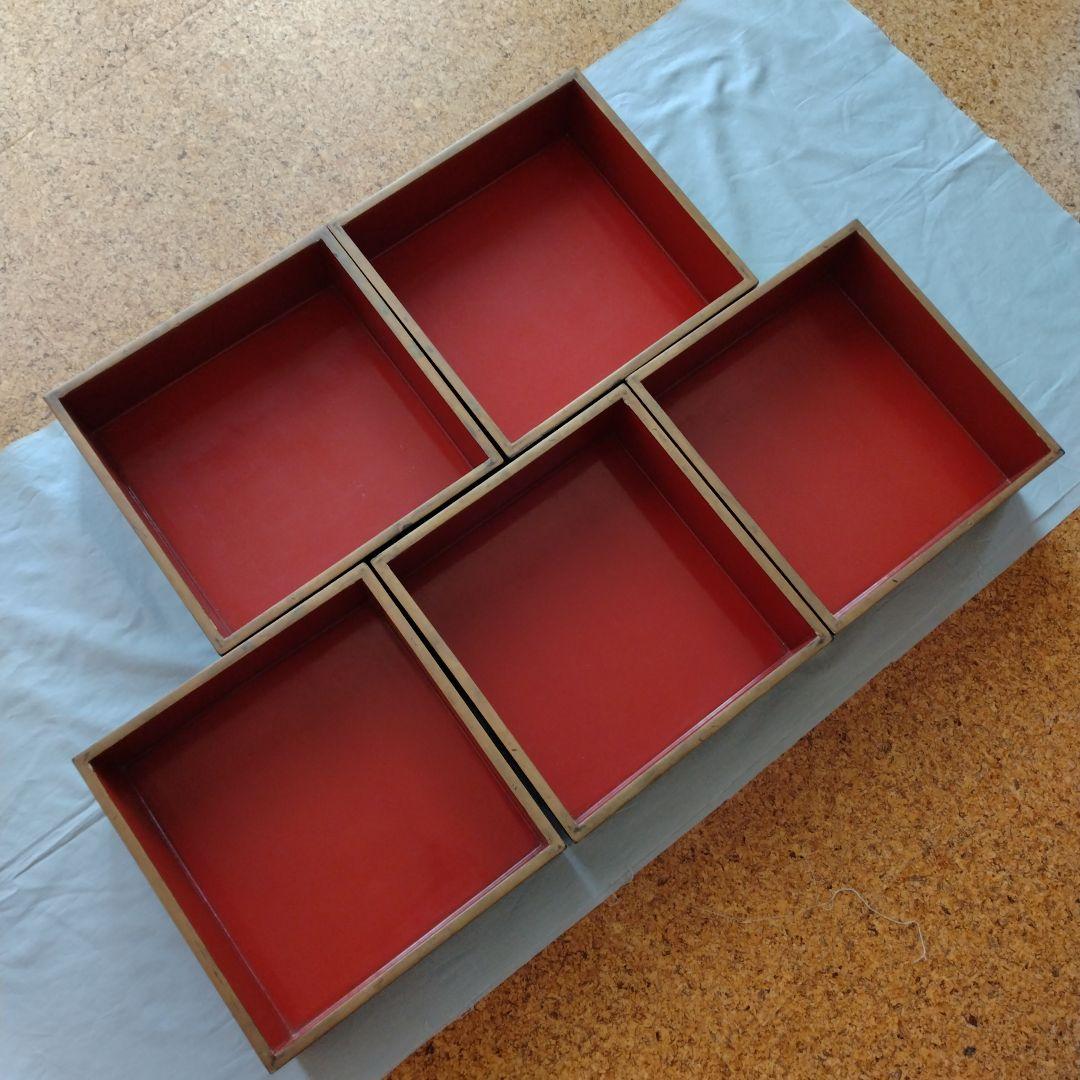 重箱5段 木製 漆器 松に鶴 翁と嫗 変え蓋付 木箱付 金彩 蒔絵 【送料込】