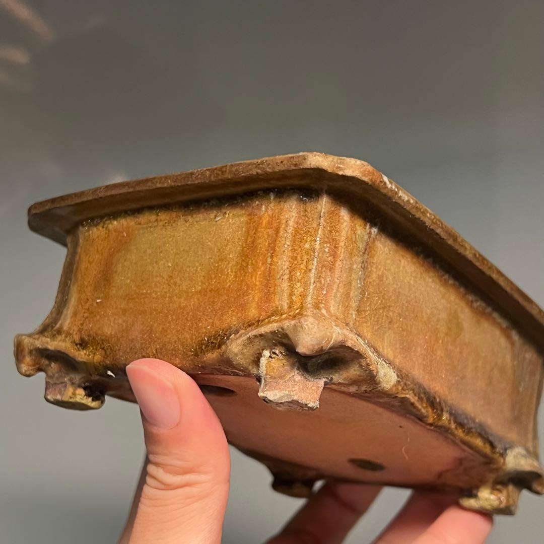 716.日本古鉢 飴釉長方鉢 盆栽鉢 植木鉢 13.6*10.8*5.2cm