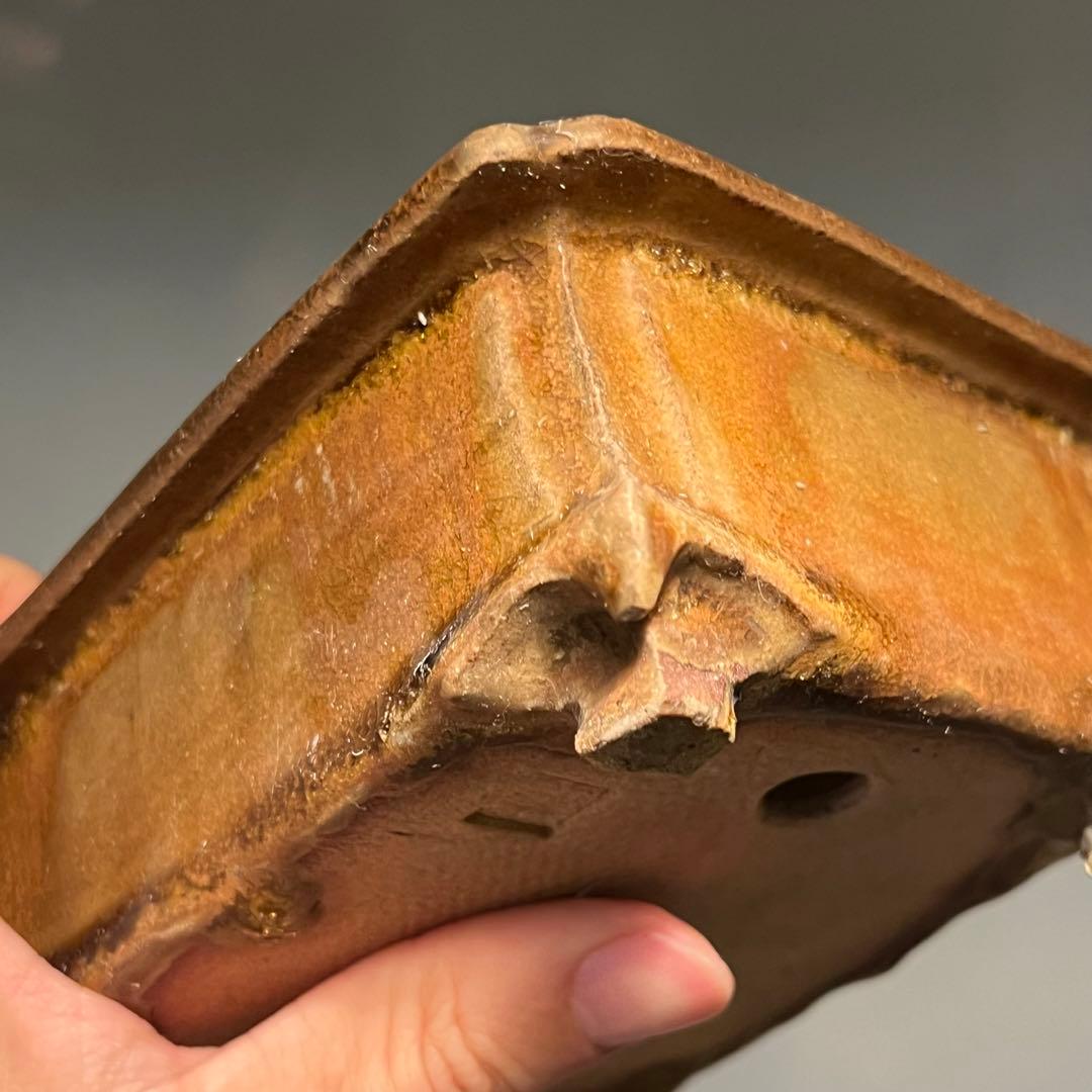 716.日本古鉢 飴釉長方鉢 盆栽鉢 植木鉢 13.6*10.8*5.2cm