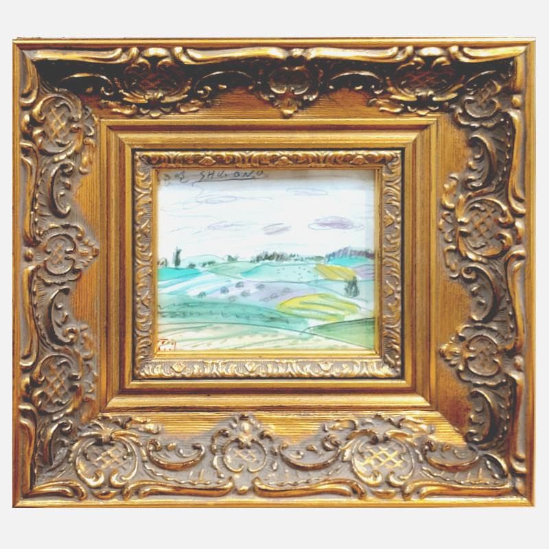 ☆小野州一☆「富良野風景」水彩画　色紙135X120ｍｍ　新品額！