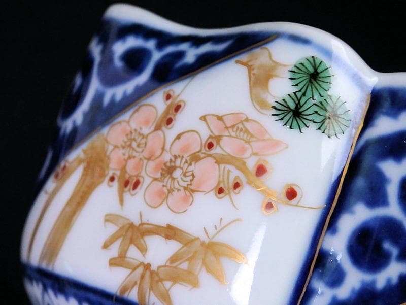 大聖寺伊万里　染錦　逆蛸に松竹梅　金唐草の図　変形向付　N1013AS-fbms