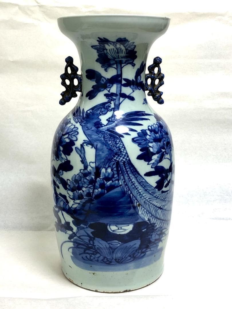 清時代中期 古染付 牡丹花鳥紋様 磁器大花瓶 呉須 入手困難 WWTT202