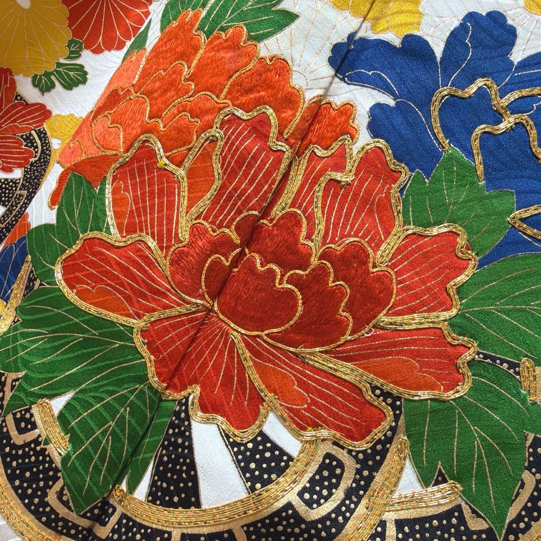 6 振袖フルセット 正絹 オフホワイト 橙 金彩 駒刺繍 刺繍 レトロ 古典