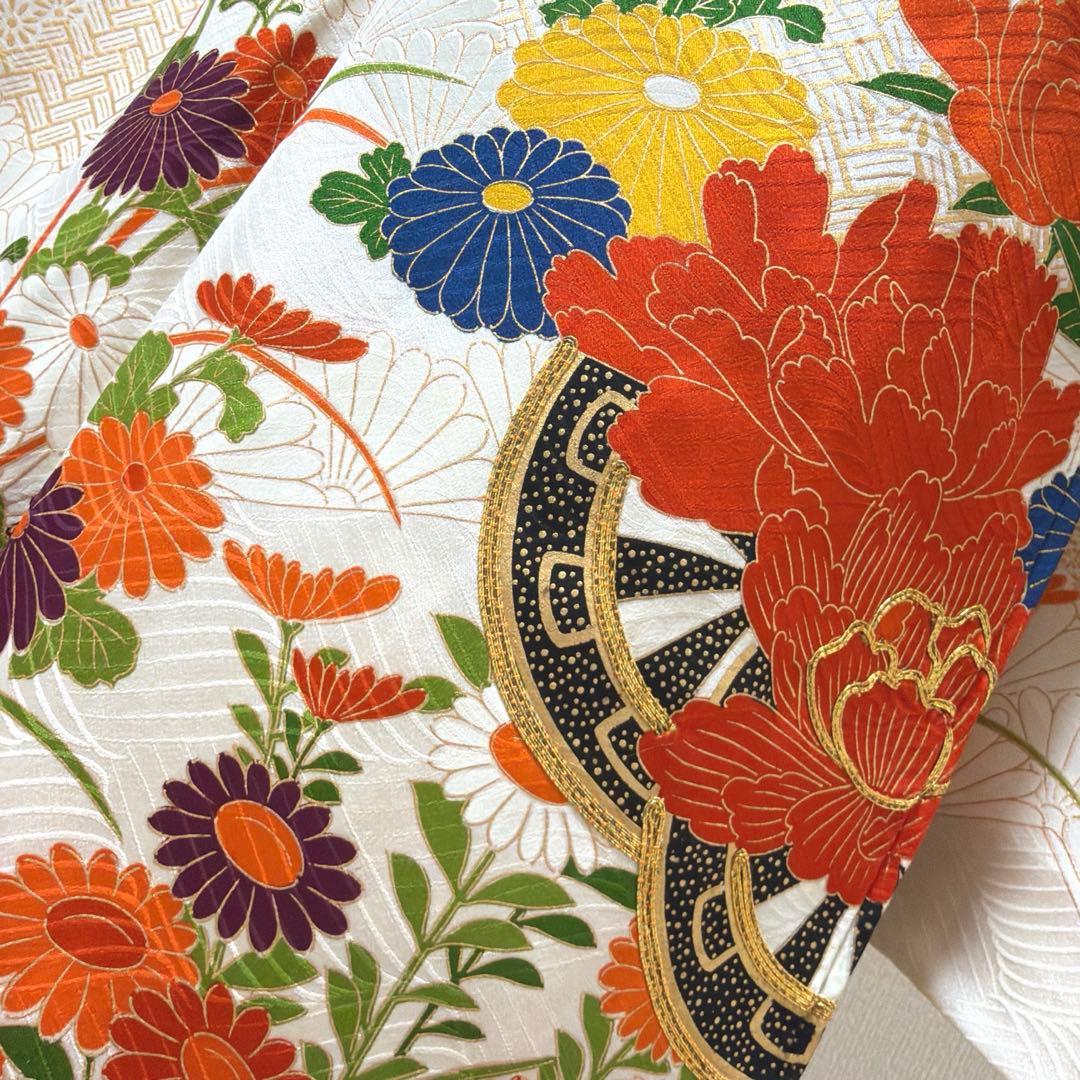 6 振袖フルセット 正絹 オフホワイト 橙 金彩 駒刺繍 刺繍 レトロ 古典
