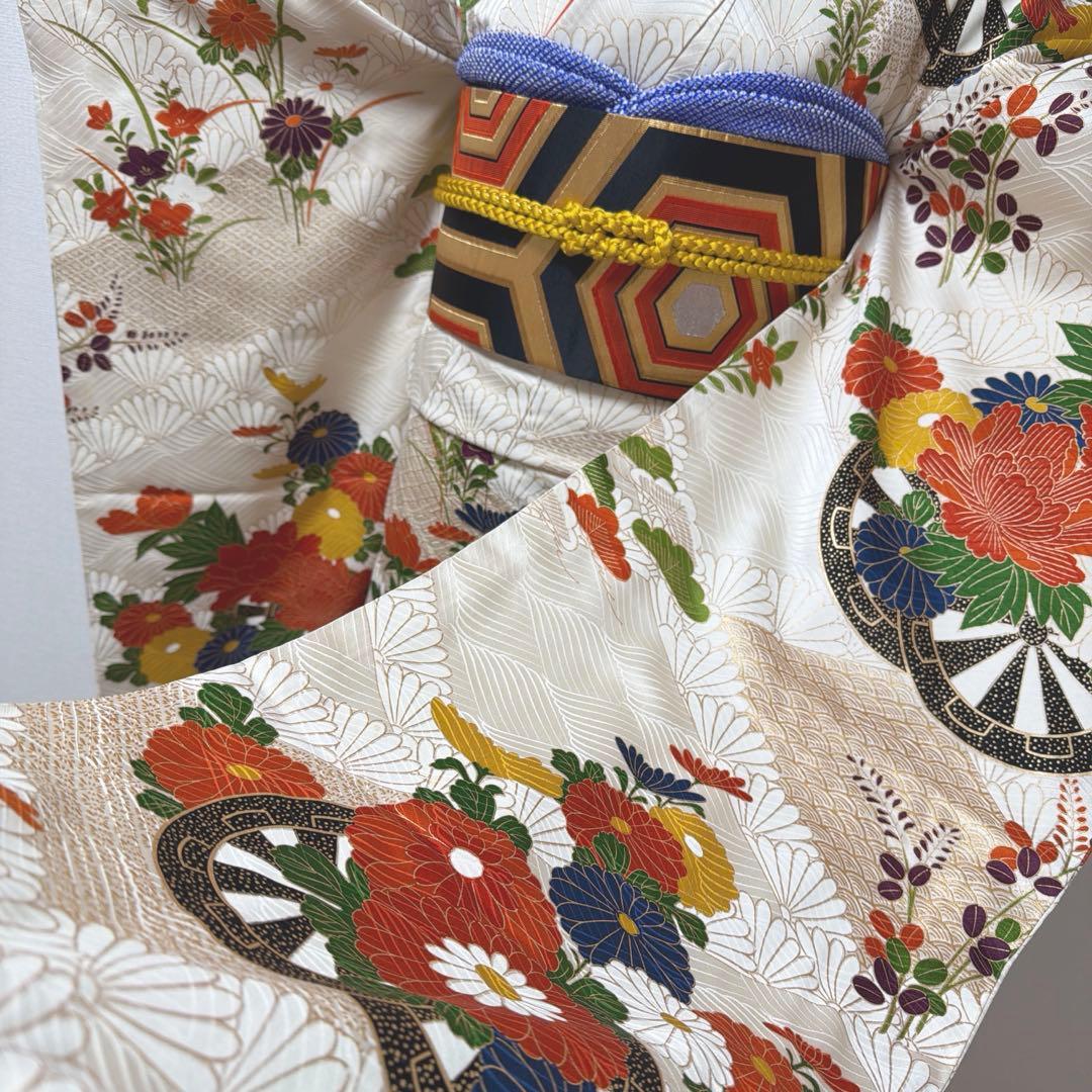 6 振袖フルセット 正絹 オフホワイト 橙 金彩 駒刺繍 刺繍 レトロ 古典