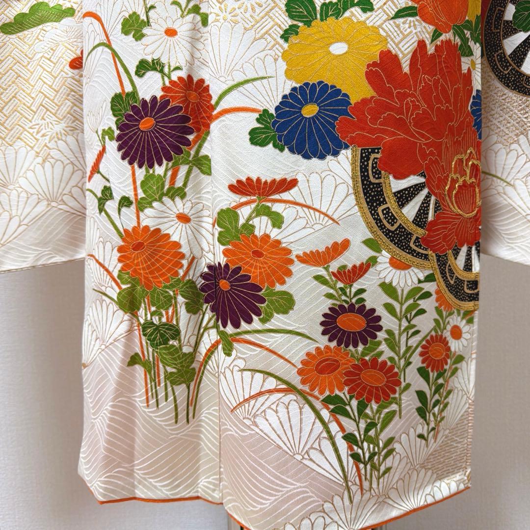 6 振袖フルセット 正絹 オフホワイト 橙 金彩 駒刺繍 刺繍 レトロ 古典