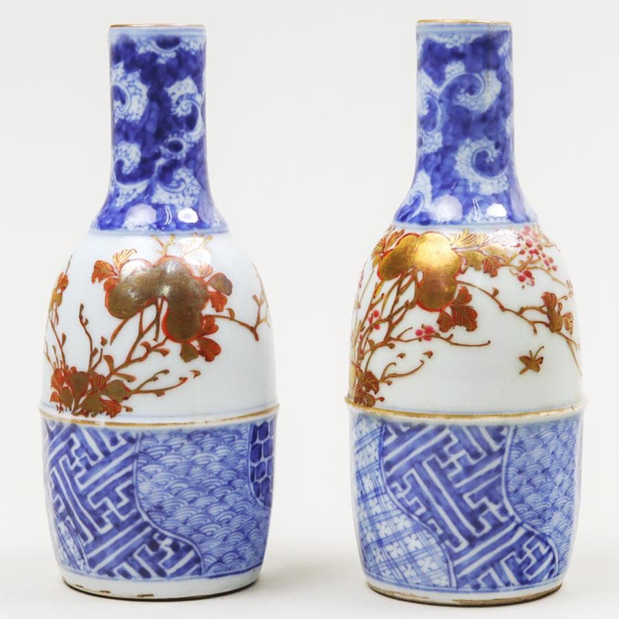 錦手捻祥瑞徳利 一対 酒器 酒注 花生け 収納箱