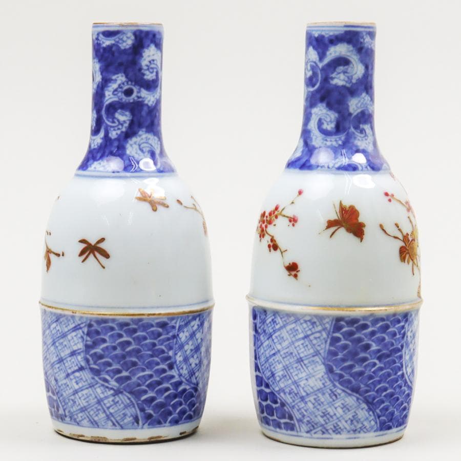 錦手捻祥瑞徳利 一対 酒器 酒注 花生け 収納箱