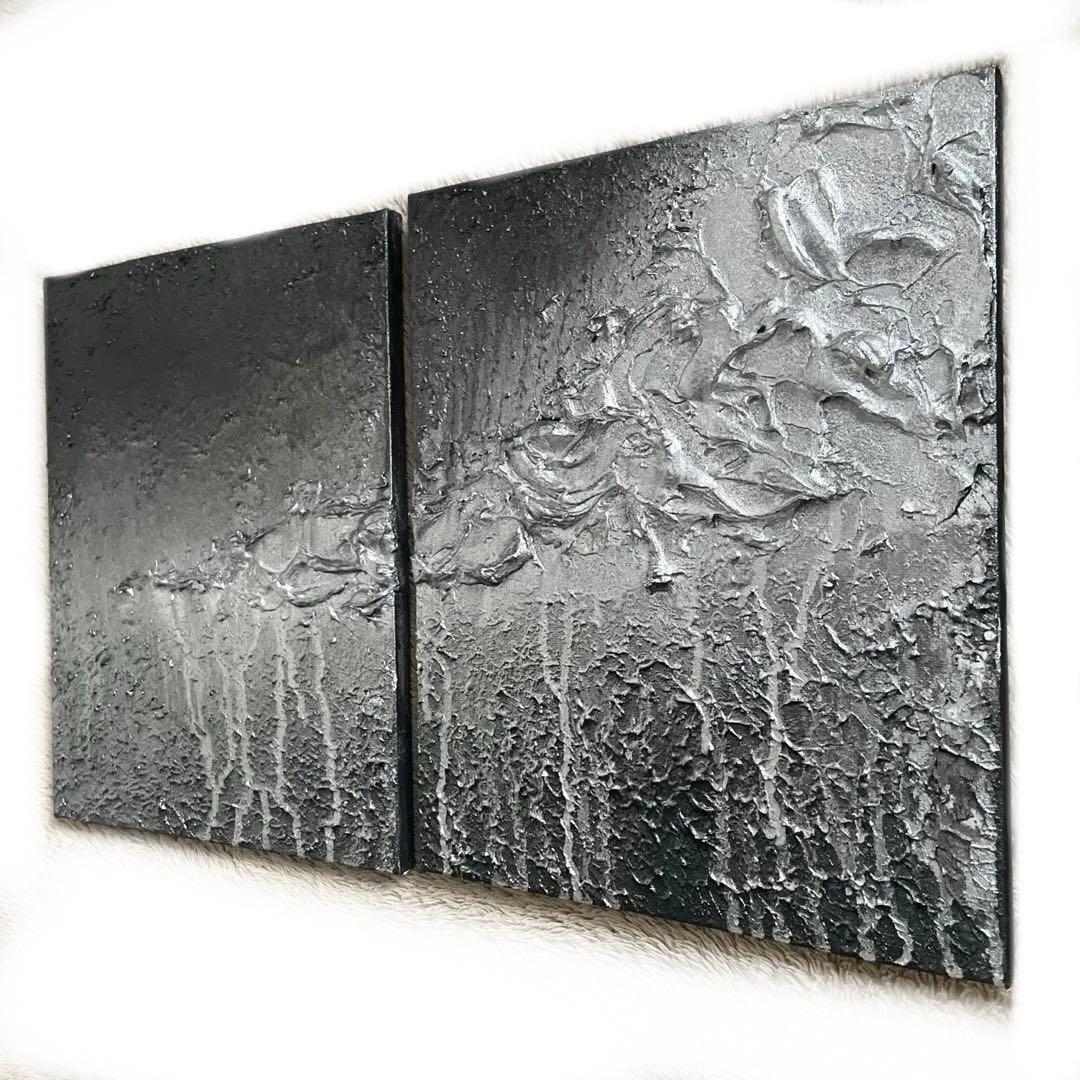 黒×シルバーの荒々しいストリート風テクスチャーアート 2枚組 F3