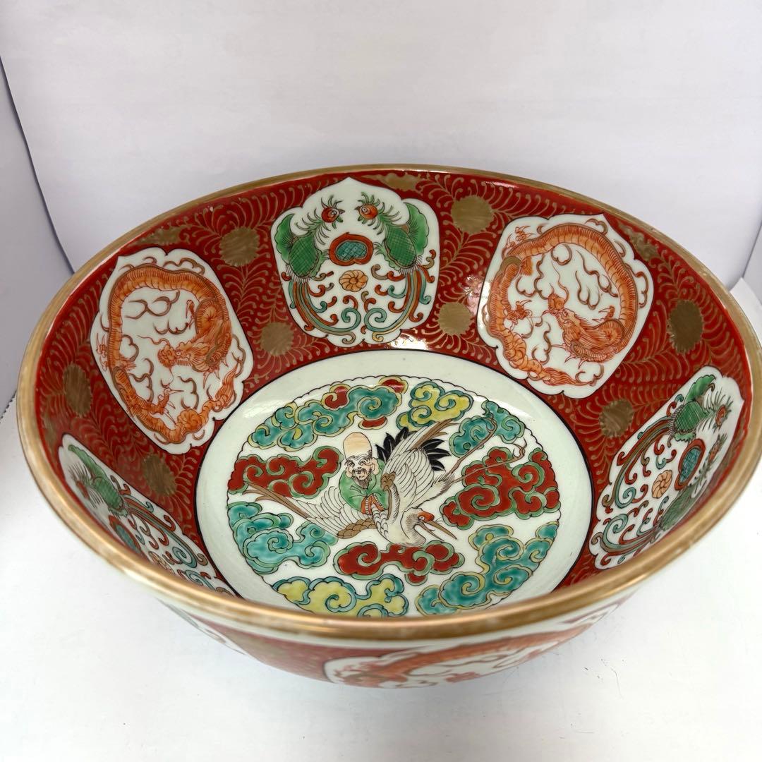江戸期　古伊万里　金彩色絵　龍鳳文　鶴寿老人30cm 大鉢　送料込み