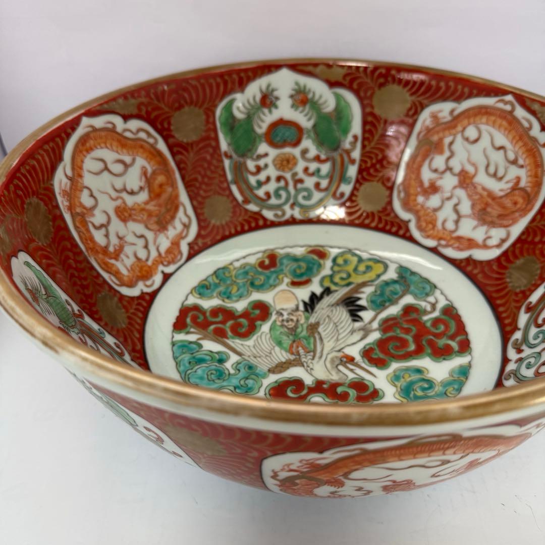 江戸期　古伊万里　金彩色絵　龍鳳文　鶴寿老人30cm 大鉢　送料込み