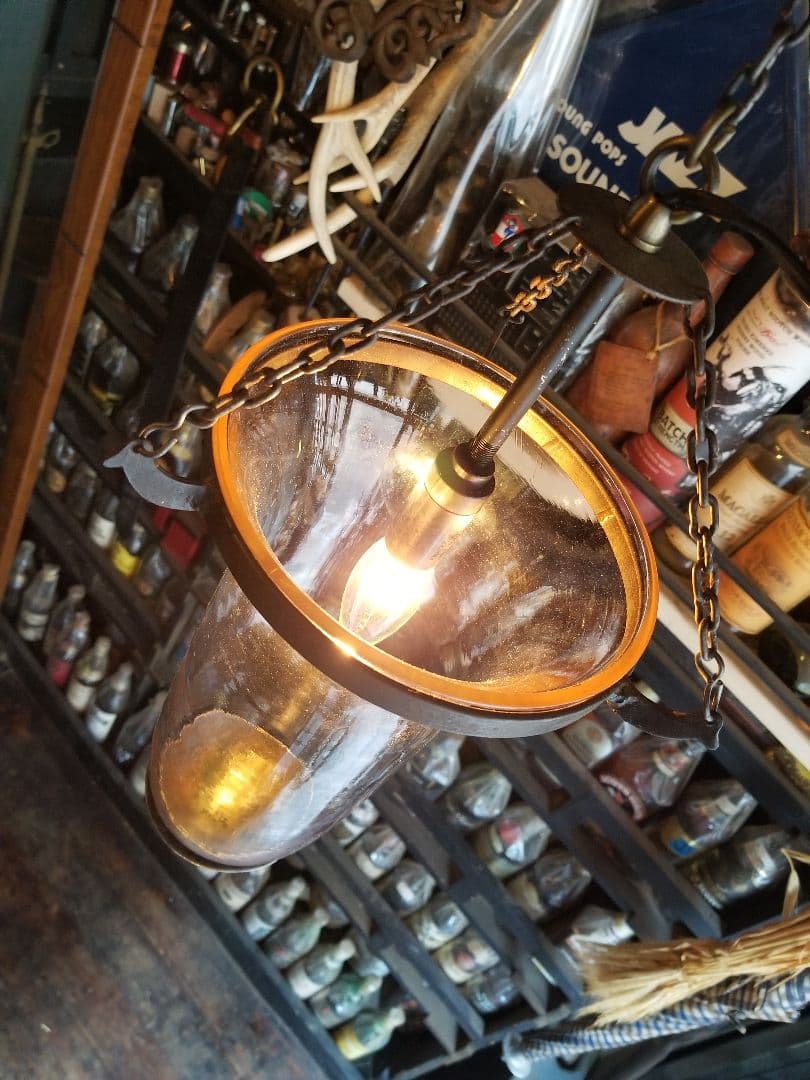 希少　ヴィンテージ　ロートアイアン　釣り鐘　気泡　手吹き　硝子　吊り下げ　ランプ