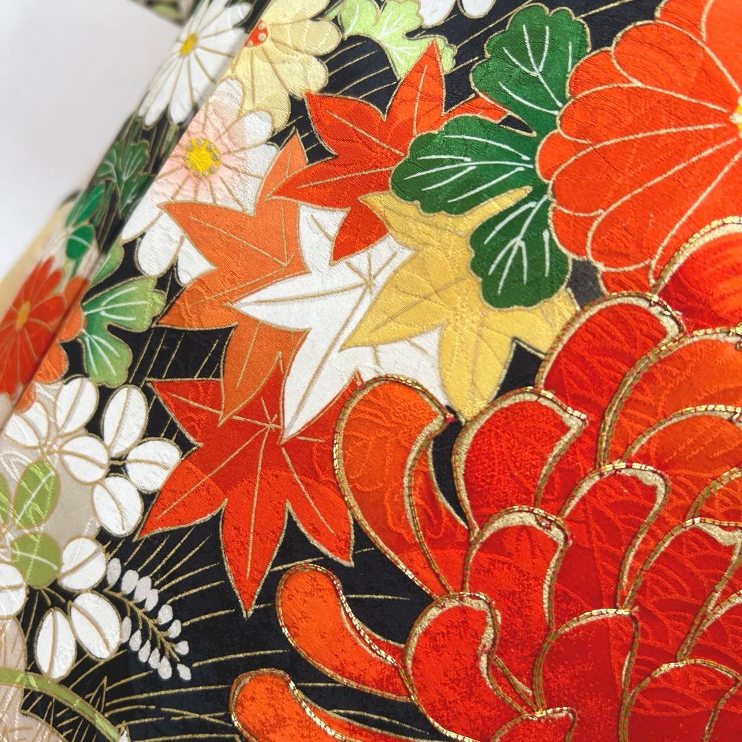 445 振袖フルセット 正絹 クリーム 橙 黒 金彩 駒刺繍 豪華 レトロ 古典