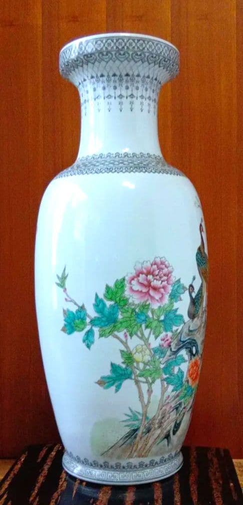 中国景徳鎮製　孔雀牡丹漢詩 大型花瓶