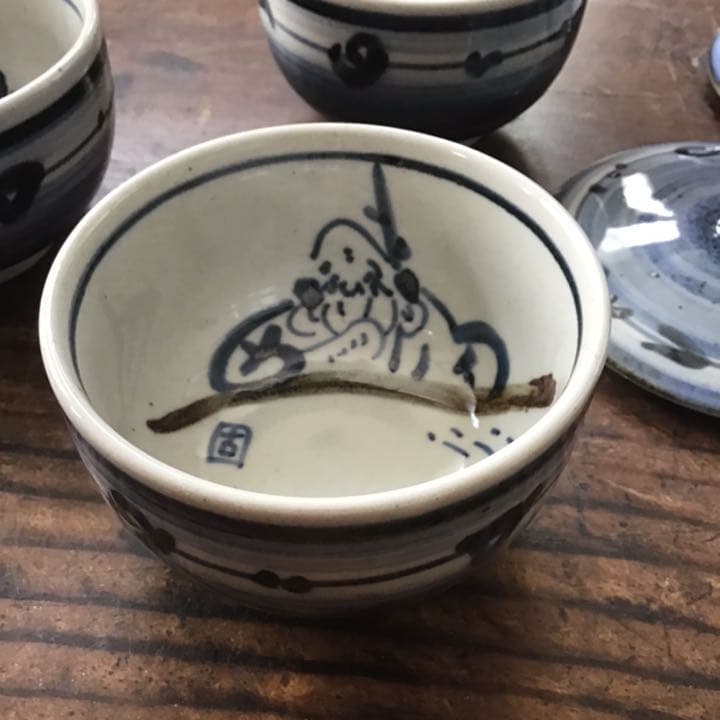 熊野古青　染付福の神　湯呑五客　九谷焼