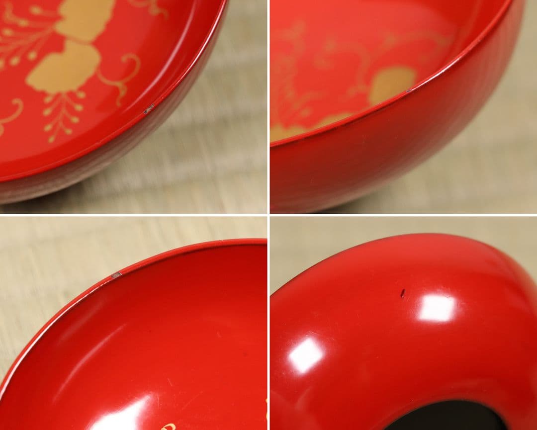 木製漆器 桐唐草蒔絵 朱塗銘々木皿 十九客 11.8cm 木箱 金蒔絵 MA12