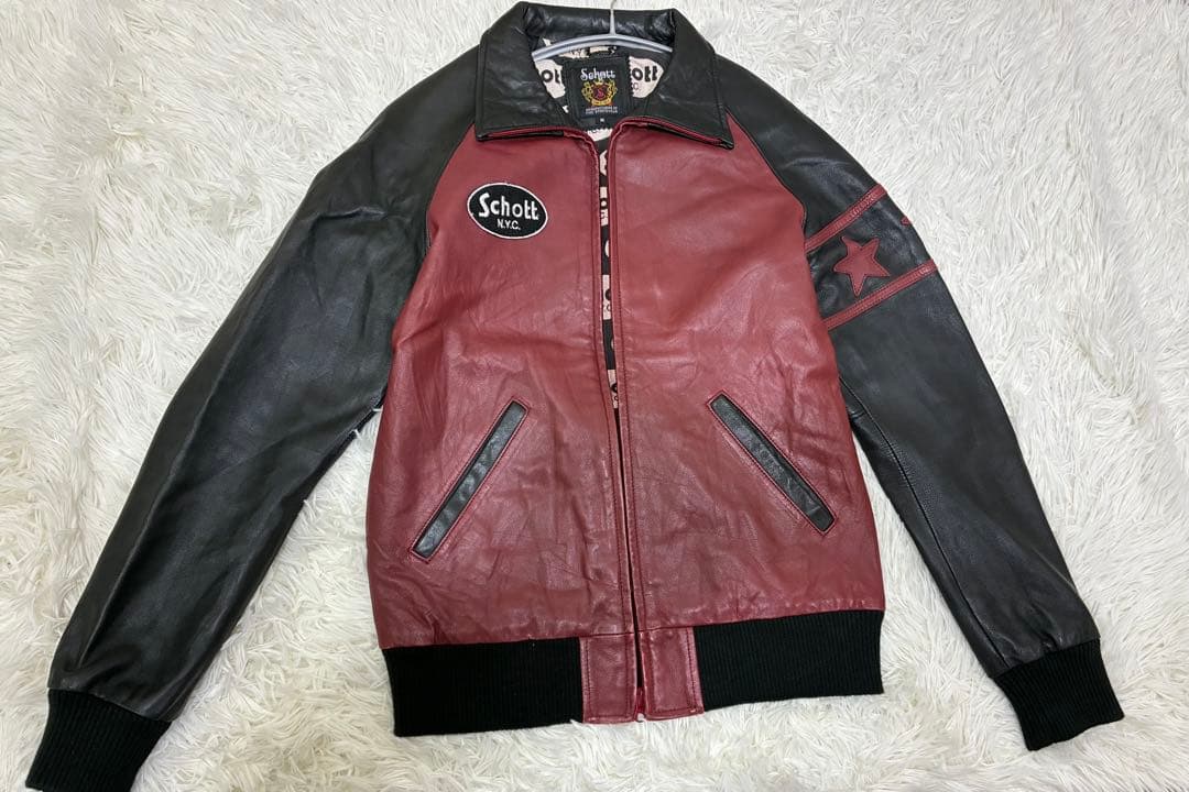 【Schott】羊革 シングル ライダース 裏地総柄 バイカラー sizeM