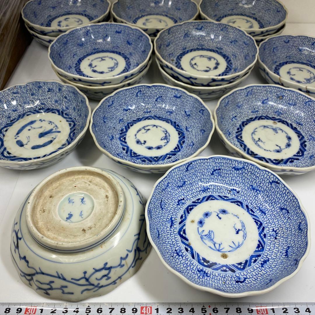 古伊万里　染付みじんこ膾皿16枚　木箱　幅14.8㎝東Y7-0314☆2Fトヒサ