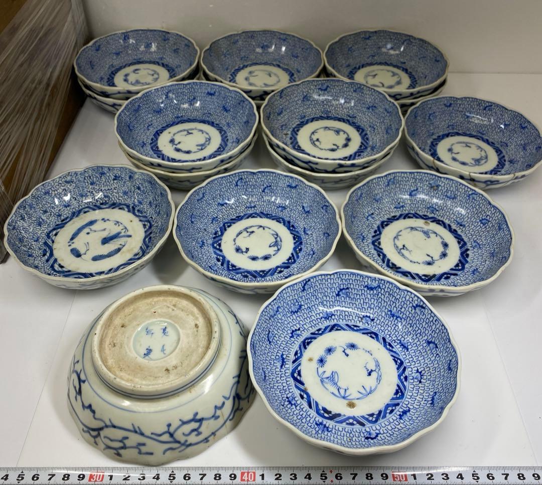 古伊万里　染付みじんこ膾皿16枚　木箱　幅14.8㎝東Y7-0314☆2Fトヒサ