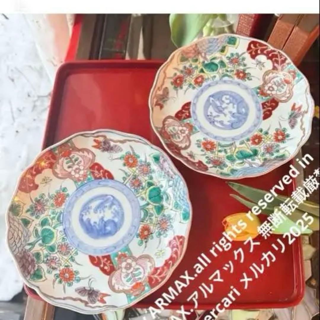 2171様感謝‼️大正頃の伊万里上手錦Dragon❌あじさい桐に蝶蜂7寸皿2客