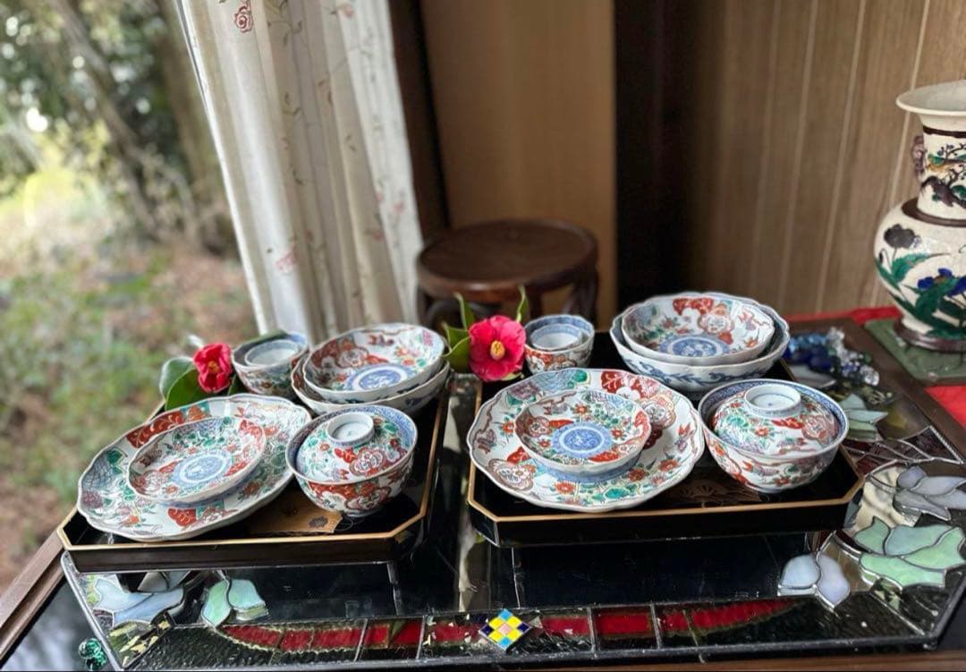 2171様感謝‼️大正頃の伊万里上手錦Dragon❌あじさい桐に蝶蜂7寸皿2客