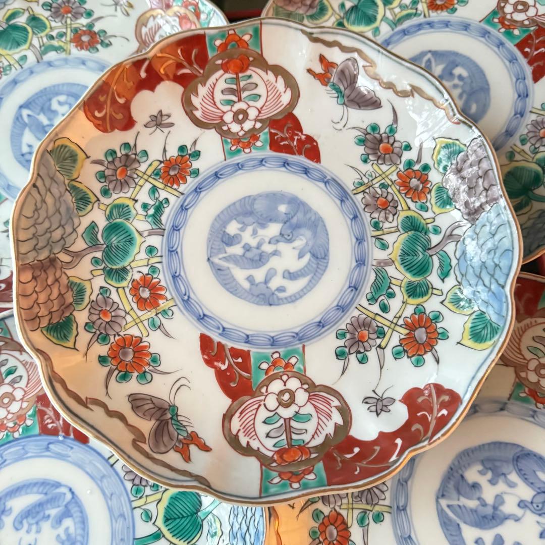 2171様感謝‼️大正頃の伊万里上手錦Dragon❌あじさい桐に蝶蜂7寸皿2客