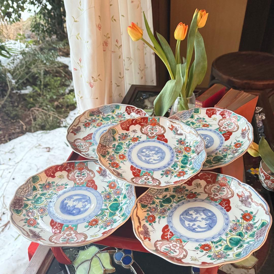 2171様感謝‼️大正頃の伊万里上手錦Dragon❌あじさい桐に蝶蜂7寸皿2客