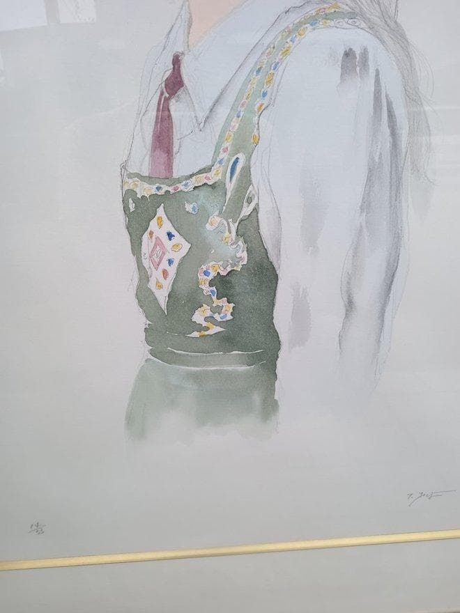 藤井勉作　リトグラフ手彩色　「ともしび」　ED14/33　サイン有　額付