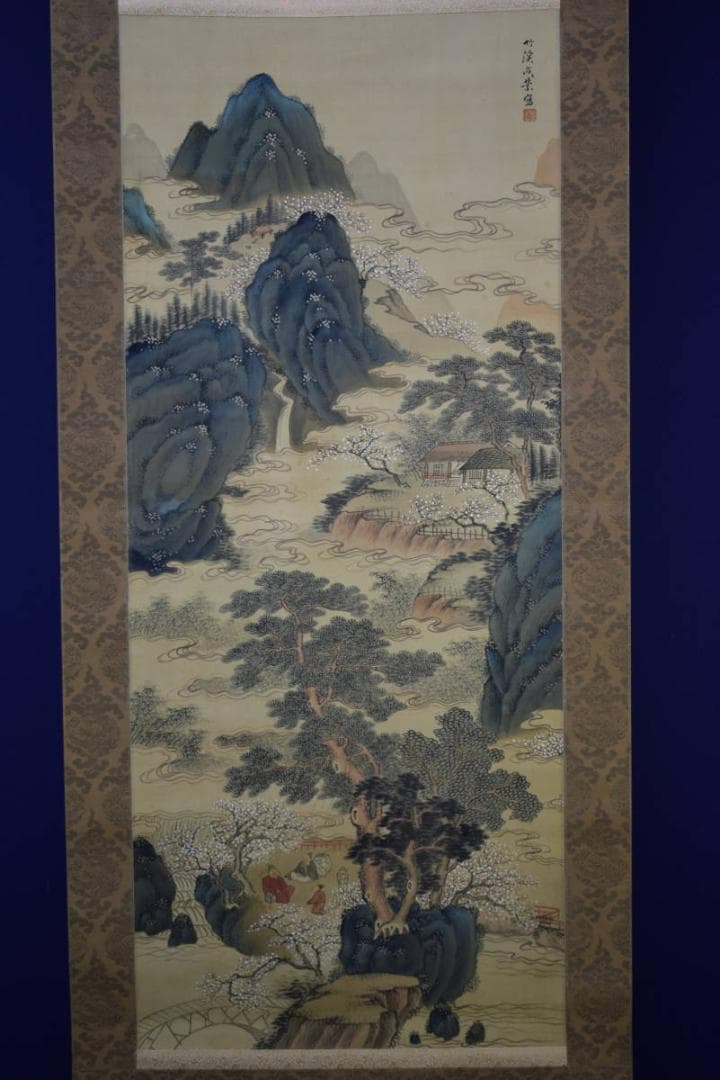 真作/中林竹渓/春景山水人物図/村田香谷の桐極二重箱付/布袋屋掛軸HF-831