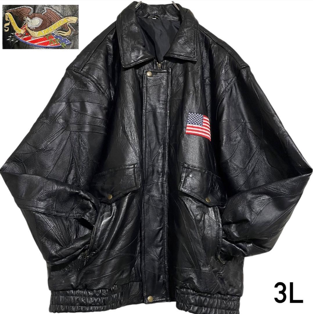 【大きいサイズ×刺繍】本革 リアルレザーシングルライダースジャケット 黒 3L