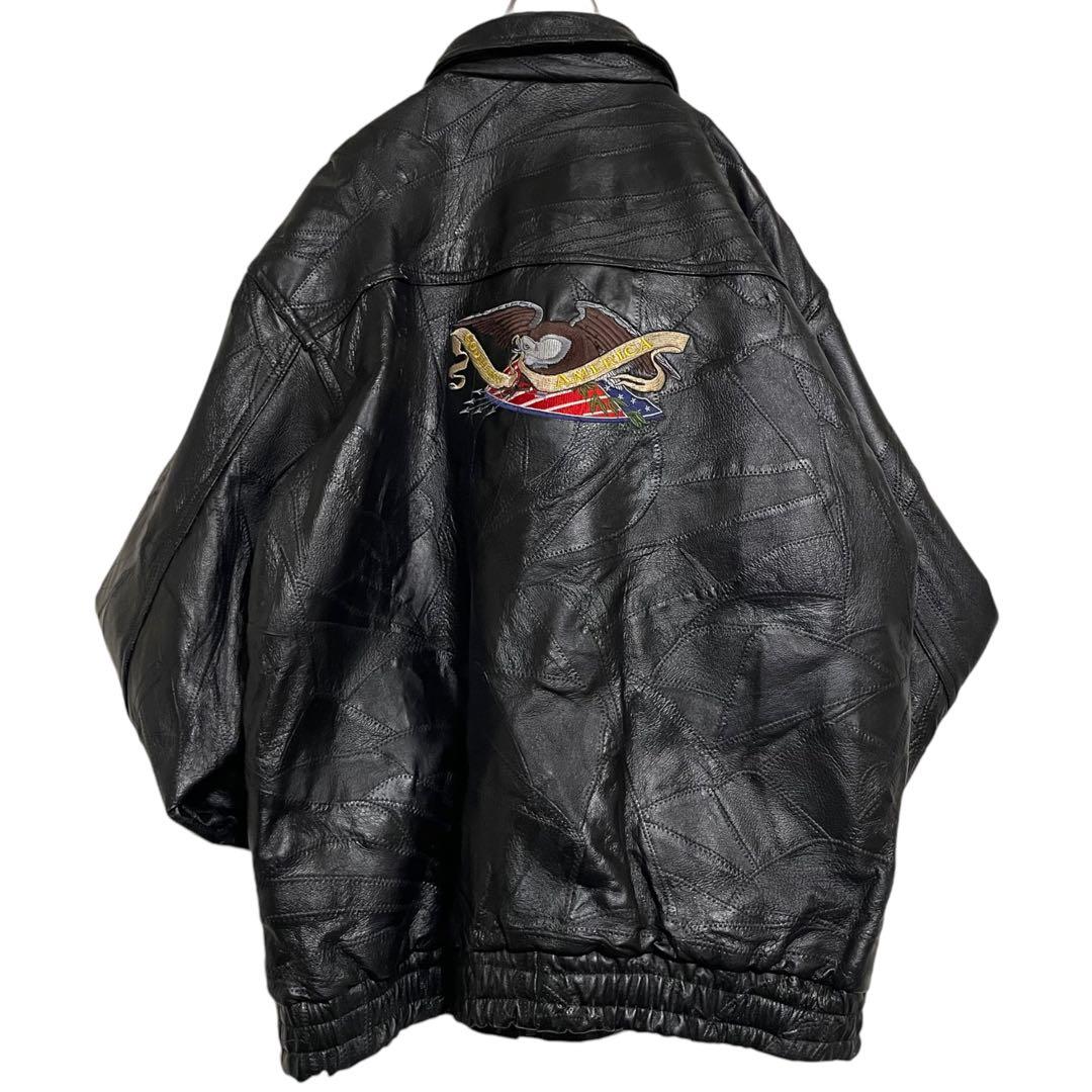 【大きいサイズ×刺繍】本革 リアルレザーシングルライダースジャケット 黒 3L