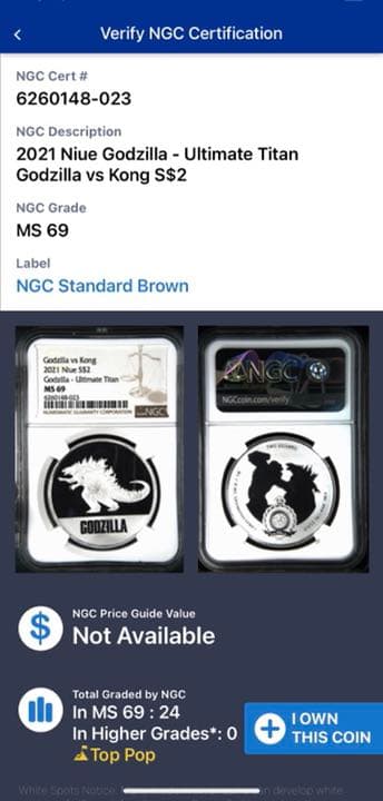 toru　準最高鑑定　ニウエ　ゴジラVSコング　ゴジラバージョン　銀貨