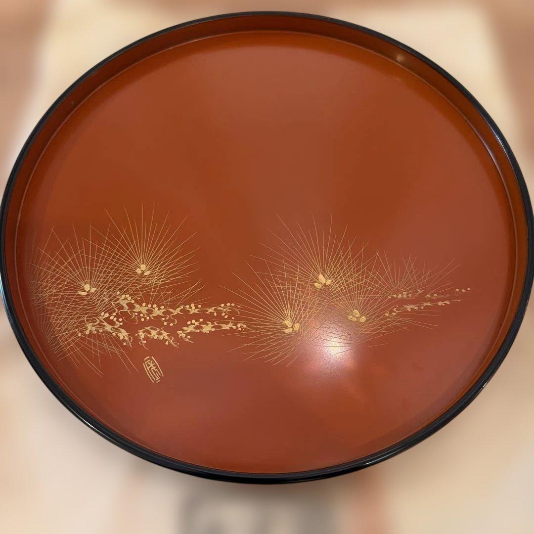 輪島塗 布着本堅地 丸盆蒔絵師 長都 作松蒔絵 金蒔絵伝統工芸士略歴書付き