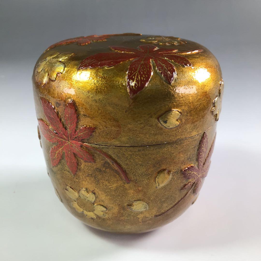 Ｒ３００　陶棗　『佐久間芳丘造』『表千家　堀内宗完　箱書』『金地雲錦文』　二重箱