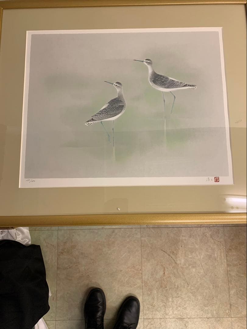 上村淳　汀　リトグラフ 鳥類 金色フレーム